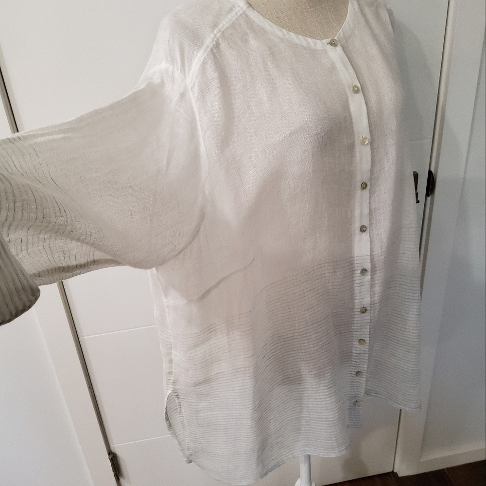Eileen Fisher Linen White Silver Striped Button-Up Blouse Size 2X - Picture 5 of 12